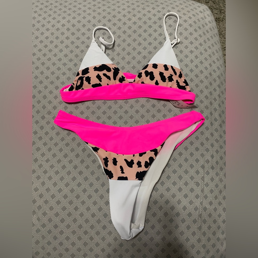 SHEIN Pink White and Cheetah Print Bikini Set (size Small)